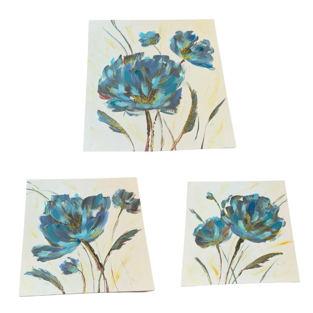 Set‎ of 3 Blue Floral Canvas Wall Art 12x12 Modern Farmhouse Decor